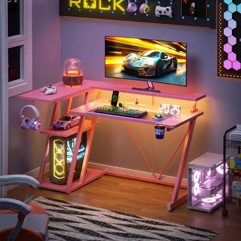 40 inch L Shaped Gaming Desk for Small Space Pink Computer Table with Monitor Stand and 3 Tier Storage Shelves Carbon Fiber