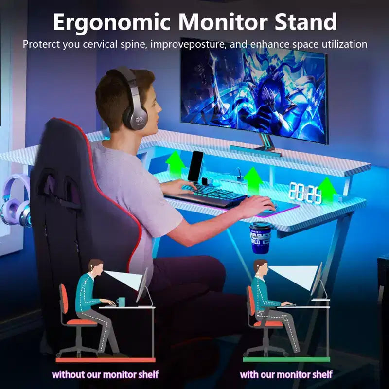 40 inch L Shaped Gaming Desk for Small Space Pink Computer Table with Monitor Stand and 3 Tier Storage Shelves Carbon Fiber
