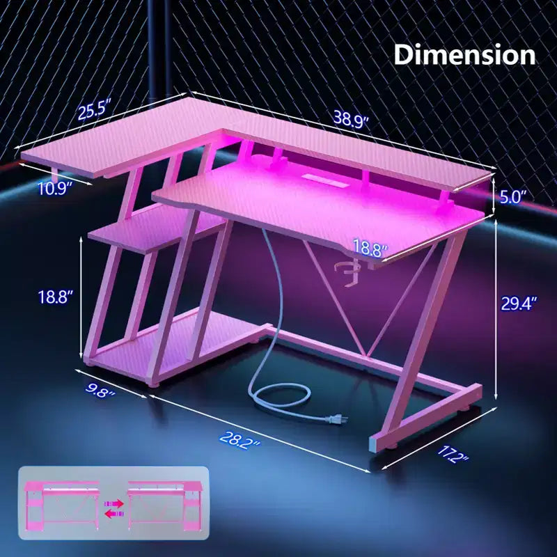 40 inch L Shaped Gaming Desk for Small Space Pink Computer Table with Monitor Stand and 3 Tier Storage Shelves Carbon Fiber