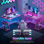 40 inch L Shaped Gaming Desk for Small Space Pink Computer Table with Monitor Stand and 3 Tier Storage Shelves Carbon Fiber
