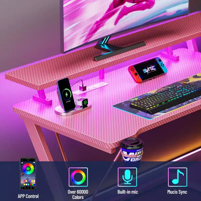 40 inch L Shaped Gaming Desk for Small Space Pink Computer Table with Monitor Stand and 3 Tier Storage Shelves Carbon Fiber