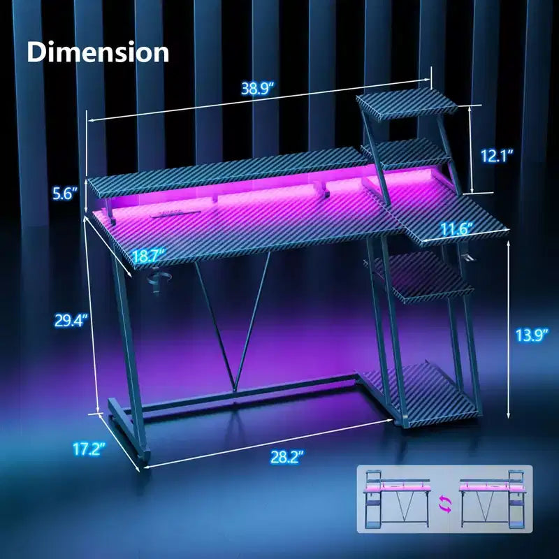 39 inch Black Gaming Desk Small L Shaped Computer Table with Monitor Stand Storage Shelves Modern Gamer Corner Desk Office Space Saving PC Room Desk