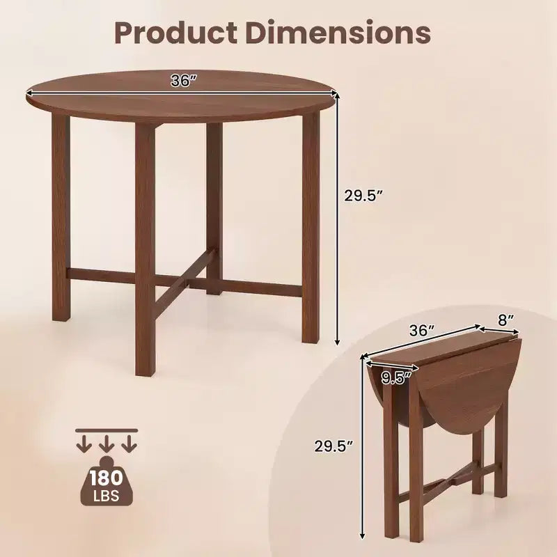 Costway 36 Foldable Kitchen Table Round Dining Table w/Solid Rubber Wood Legs