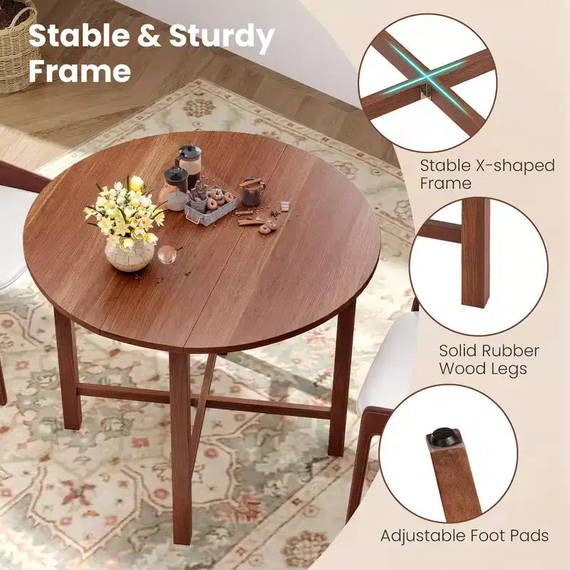 Costway 36 Foldable Kitchen Table Round Dining Table w/Solid Rubber Wood Legs