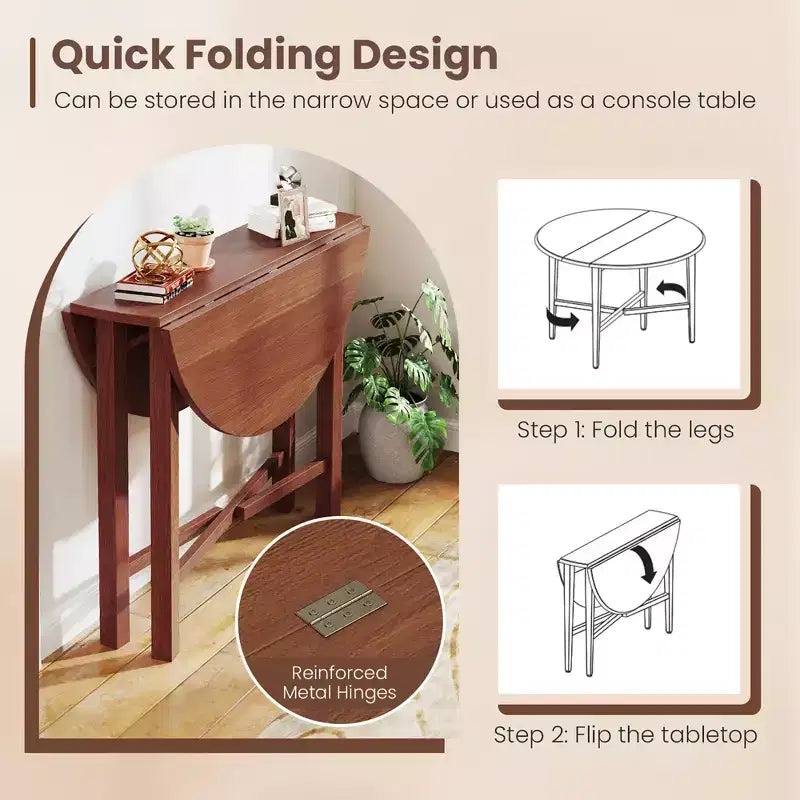 Costway 36 Foldable Kitchen Table Round Dining Table w/Solid Rubber Wood Legs