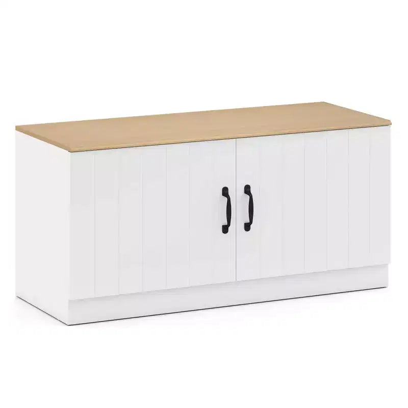 Costway 2-Door Shoe Bench wirh Adjustable Shelves Hidden Storage Space Natural + White/Whi5te