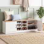 Costway 2-Door Shoe Bench wirh Adjustable Shelves Hidden Storage Space Natural + White/Whi5te