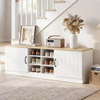 Costway 2-Door Shoe Bench wirh Adjustable Shelves Hidden Storage Space Natural + White/Whi5te