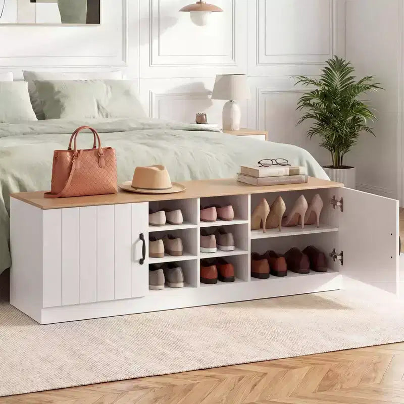 Costway 2-Door Shoe Bench wirh Adjustable Shelves Hidden Storage Space Natural + White/Whi5te