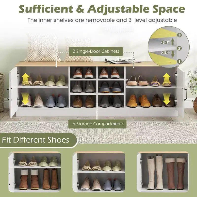 Costway 2-Door Shoe Bench wirh Adjustable Shelves Hidden Storage Space Natural + White/Whi5te