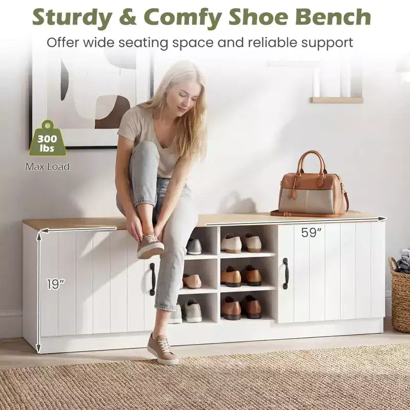 Costway 2-Door Shoe Bench wirh Adjustable Shelves Hidden Storage Space Natural + White/Whi5te