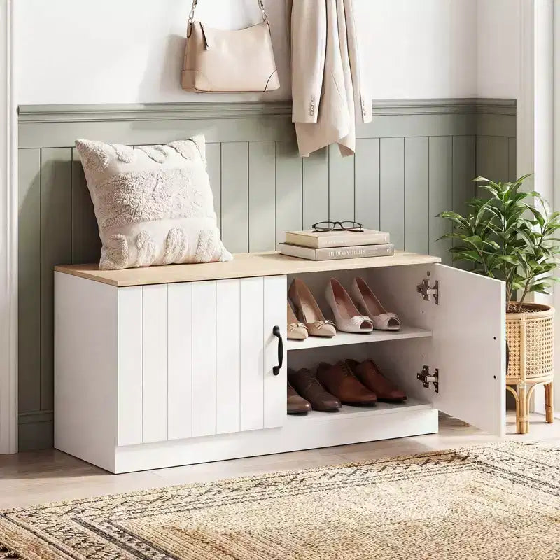 Costway 2-Door Shoe Bench wirh Adjustable Shelves Hidden Storage Space Natural + White/Whi5te