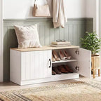 Costway 2-Door Shoe Bench wirh Adjustable Shelves Hidden Storage Space Natural + White/Whi5te