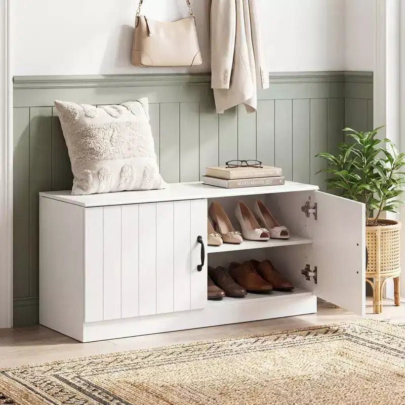 Costway 2-Door Shoe Bench wirh Adjustable Shelves Hidden Storage Space Natural + White/Whi5te