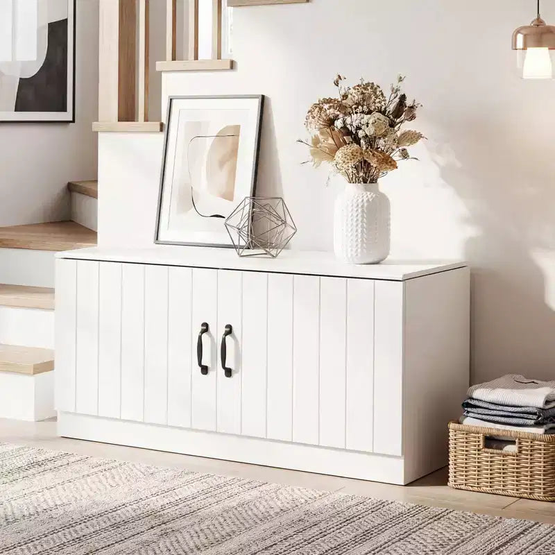 Costway 2-Door Shoe Bench wirh Adjustable Shelves Hidden Storage Space Natural + White/Whi5te
