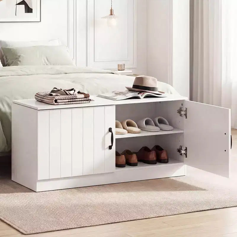 Costway 2-Door Shoe Bench wirh Adjustable Shelves Hidden Storage Space Natural + White/Whi5te