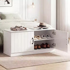 Costway 2-Door Shoe Bench wirh Adjustable Shelves Hidden Storage Space Natural + White/Whi5te