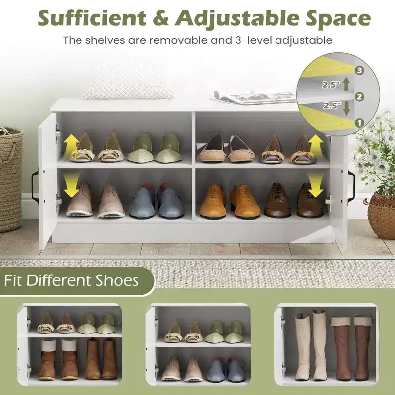 Costway 2-Door Shoe Bench wirh Adjustable Shelves Hidden Storage Space Natural + White/Whi5te