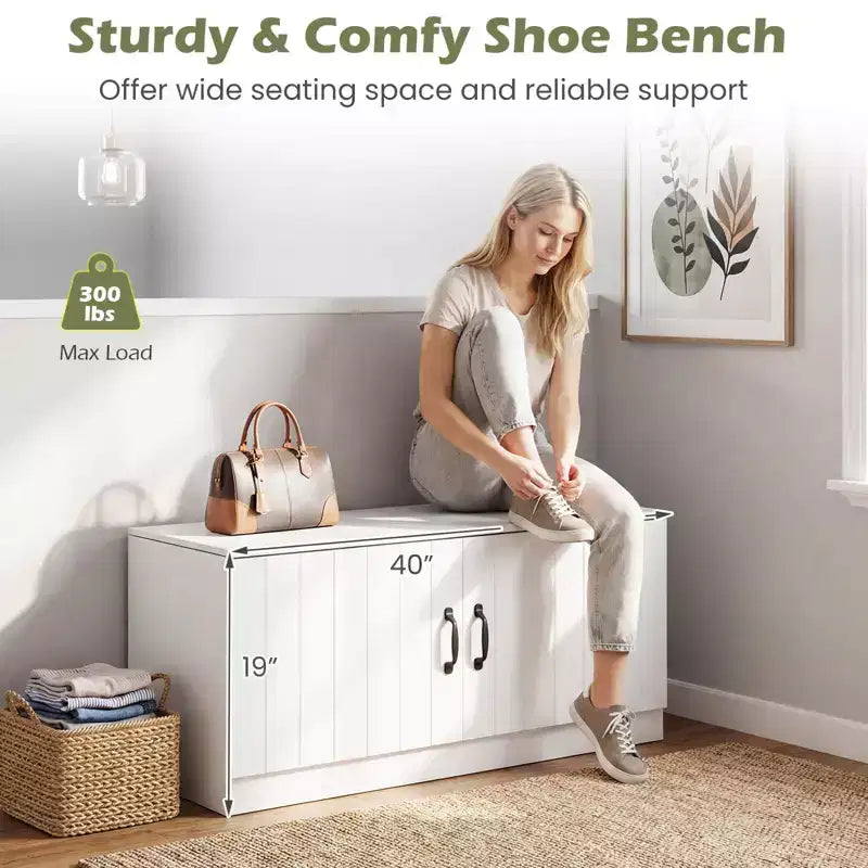 Costway 2-Door Shoe Bench wirh Adjustable Shelves Hidden Storage Space Natural + White/Whi5te