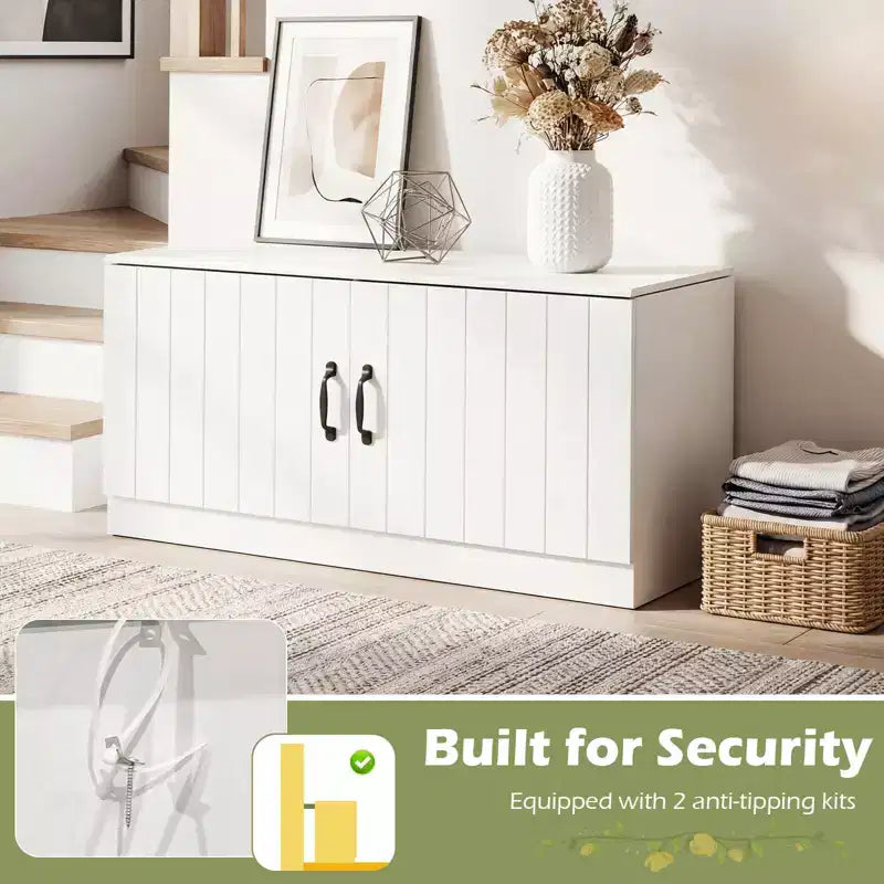 Costway 2-Door Shoe Bench wirh Adjustable Shelves Hidden Storage Space Natural + White/Whi5te