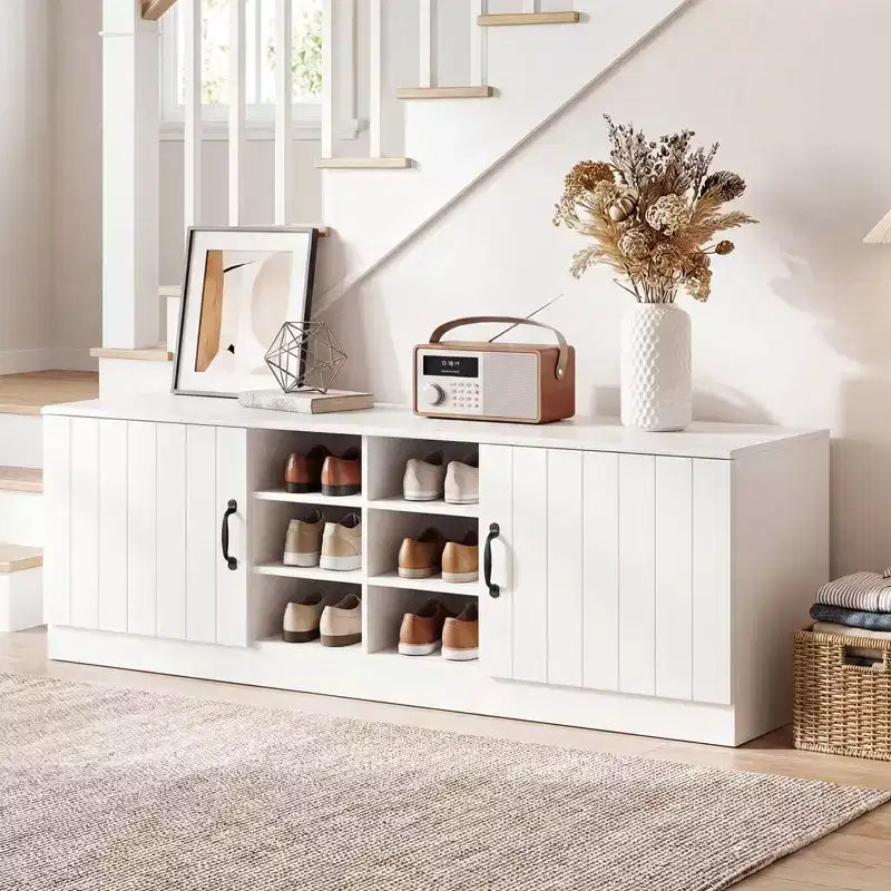 Costway 2-Door Shoe Bench wirh Adjustable Shelves Hidden Storage Space Natural + White/Whi5te