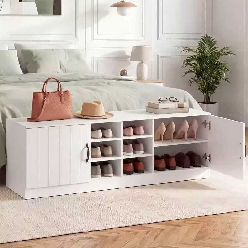 Costway 2-Door Shoe Bench wirh Adjustable Shelves Hidden Storage Space Natural + White/Whi5te