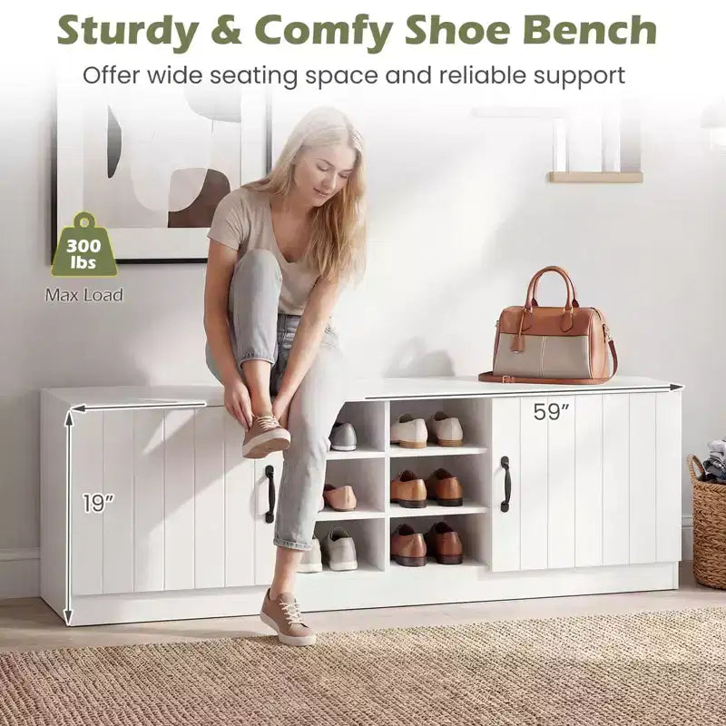 Costway 2-Door Shoe Bench wirh Adjustable Shelves Hidden Storage Space Natural + White/Whi5te