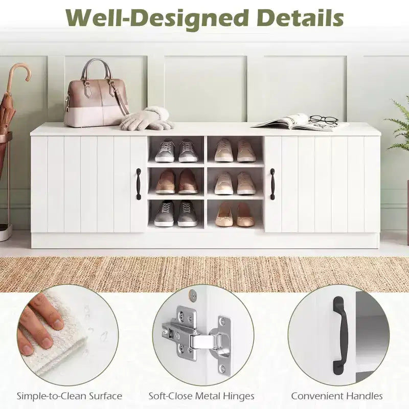 Costway 2-Door Shoe Bench wirh Adjustable Shelves Hidden Storage Space Natural + White/Whi5te