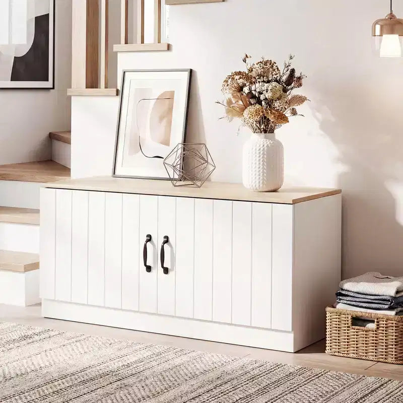 Costway 2-Door Shoe Bench wirh Adjustable Shelves Hidden Storage Space Natural + White/Whi5te