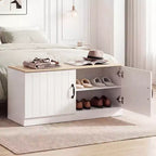 Costway 2-Door Shoe Bench wirh Adjustable Shelves Hidden Storage Space Natural + White/Whi5te