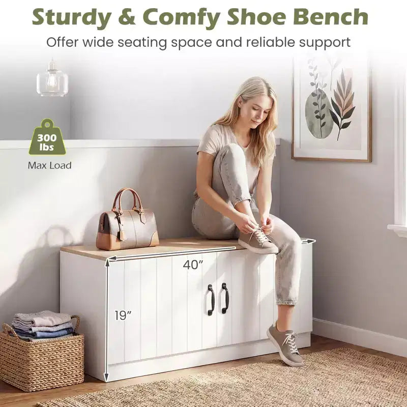 Costway 2-Door Shoe Bench wirh Adjustable Shelves Hidden Storage Space Natural + White/Whi5te