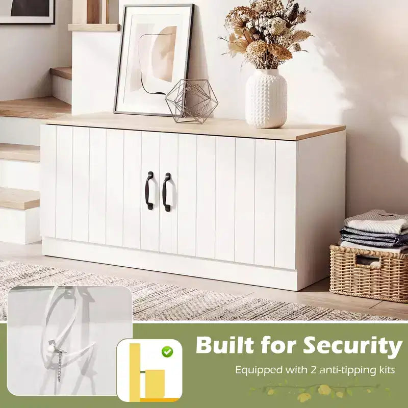 Costway 2-Door Shoe Bench wirh Adjustable Shelves Hidden Storage Space Natural + White/Whi5te
