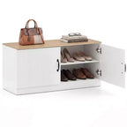 Costway 2-Door Shoe Bench wirh Adjustable Shelves Hidden Storage Space Natural + White/Whi5te