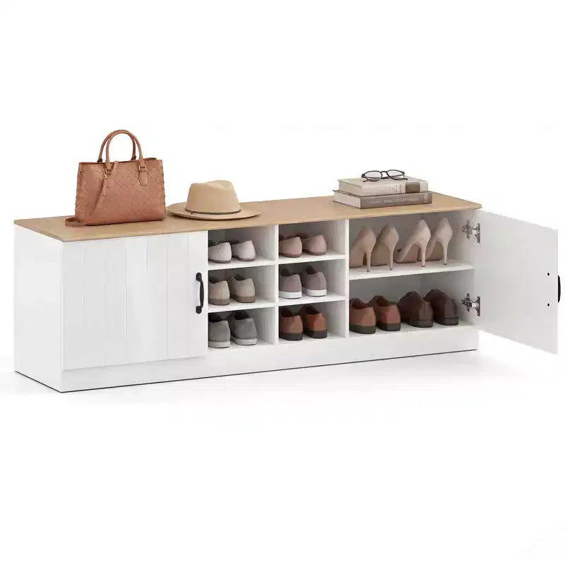 Costway 2-Door Shoe Bench wirh Adjustable Shelves Hidden Storage Space Natural + White/Whi5te