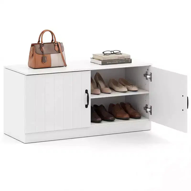 Costway 2-Door Shoe Bench wirh Adjustable Shelves Hidden Storage Space Natural + White/Whi5te