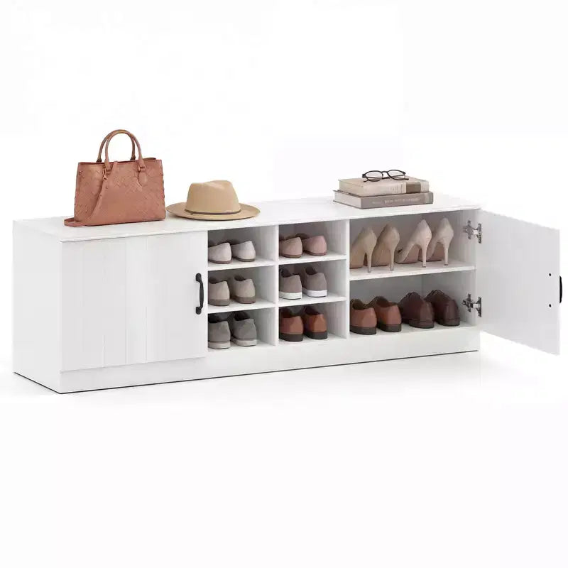 Costway 2-Door Shoe Bench wirh Adjustable Shelves Hidden Storage Space Natural + White/Whi5te