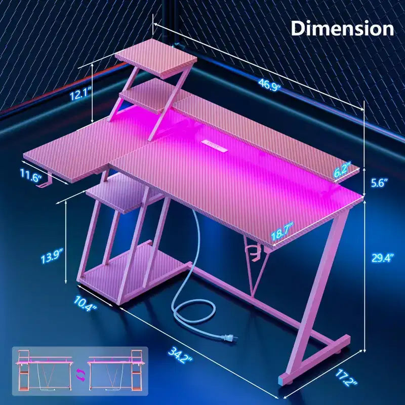 47 inch L Shaped Gaming Desk Pink Small Spaces Corner Computer Table with Monitor Stand Storage Shelves Gamer Desk Carbon Fiber Sturdy PC Room Desk