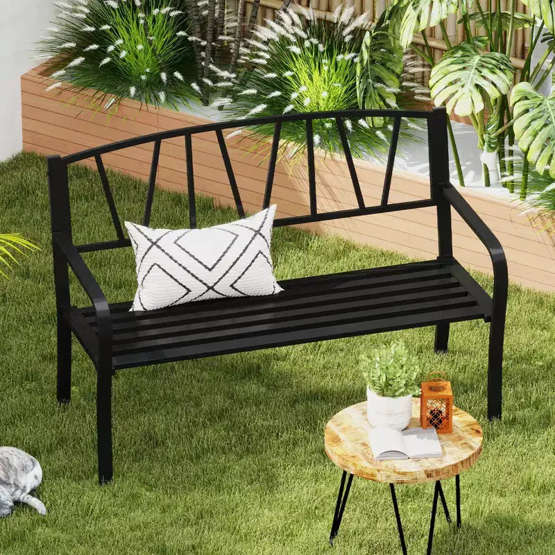 Costway 50.5 Patio Metal Bench w/ Curved Armrests & Minimalist Backrest for Backyard