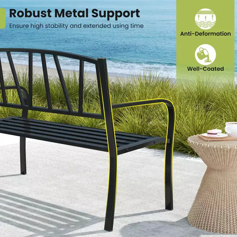 Costway 50.5 Patio Metal Bench w/ Curved Armrests & Minimalist Backrest for Backyard