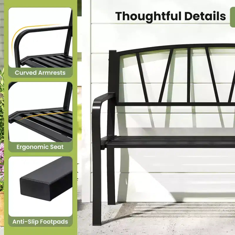 Costway 50.5 Patio Metal Bench w/ Curved Armrests & Minimalist Backrest for Backyard