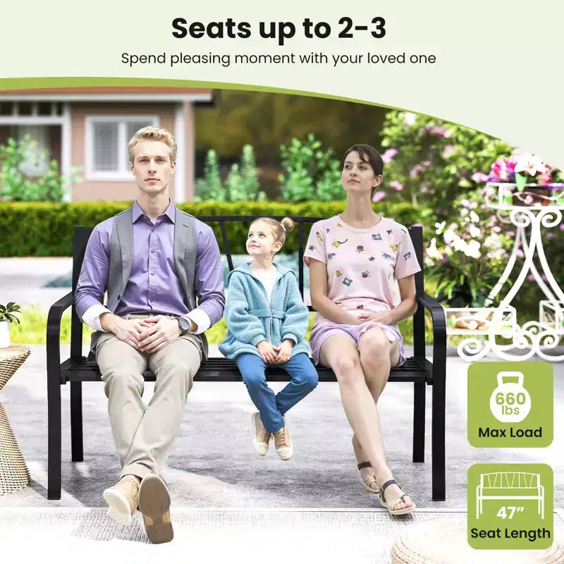 Costway 50.5 Patio Metal Bench w/ Curved Armrests & Minimalist Backrest for Backyard