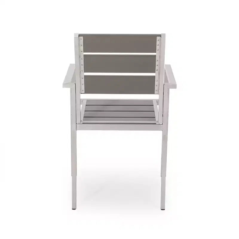 Outdoor Modern Aluminum Dining Chair with Faux Wood Seat (Set of 2), Gray and Silver