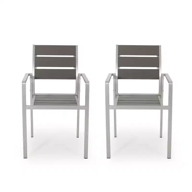 Outdoor Modern Aluminum Dining Chair with Faux Wood Seat (Set of 2), Gray and Silver