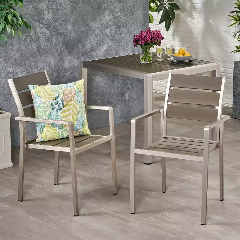Outdoor Modern Aluminum Dining Chair with Faux Wood Seat (Set of 2), Gray and Silver