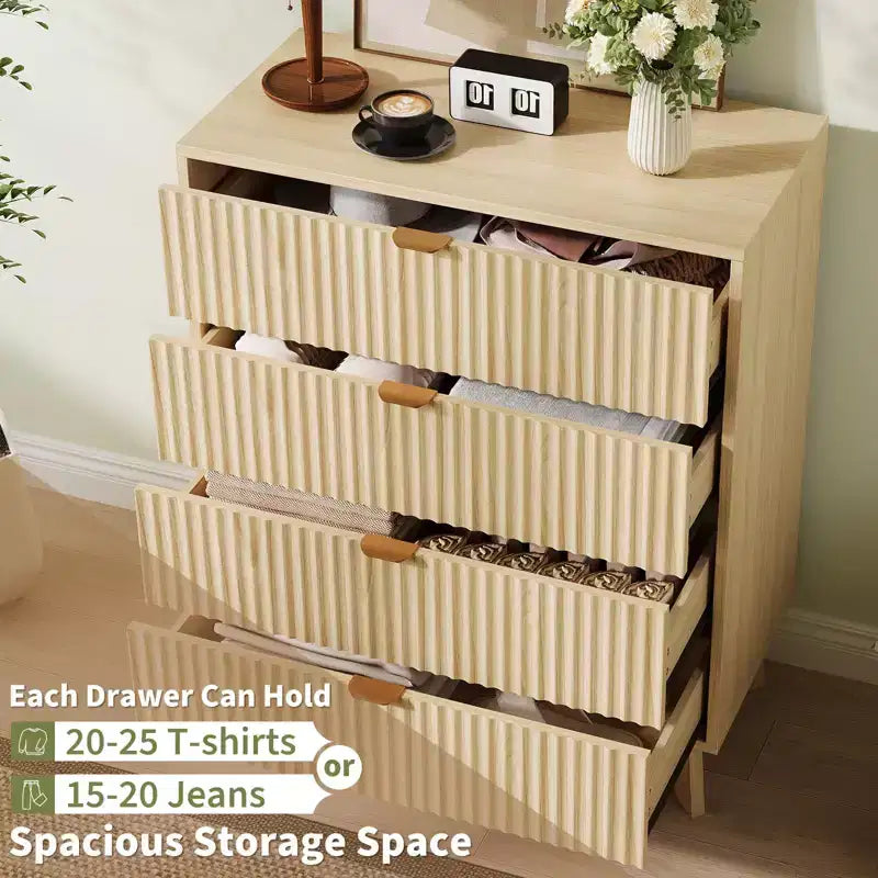 4 Drawer Dressers 2 Pcs, Fluted Closet Dressers Chest of Drawers, Wood Storage Dresser Chest of Drawers for Bedroom Living Room Hallway, Natural