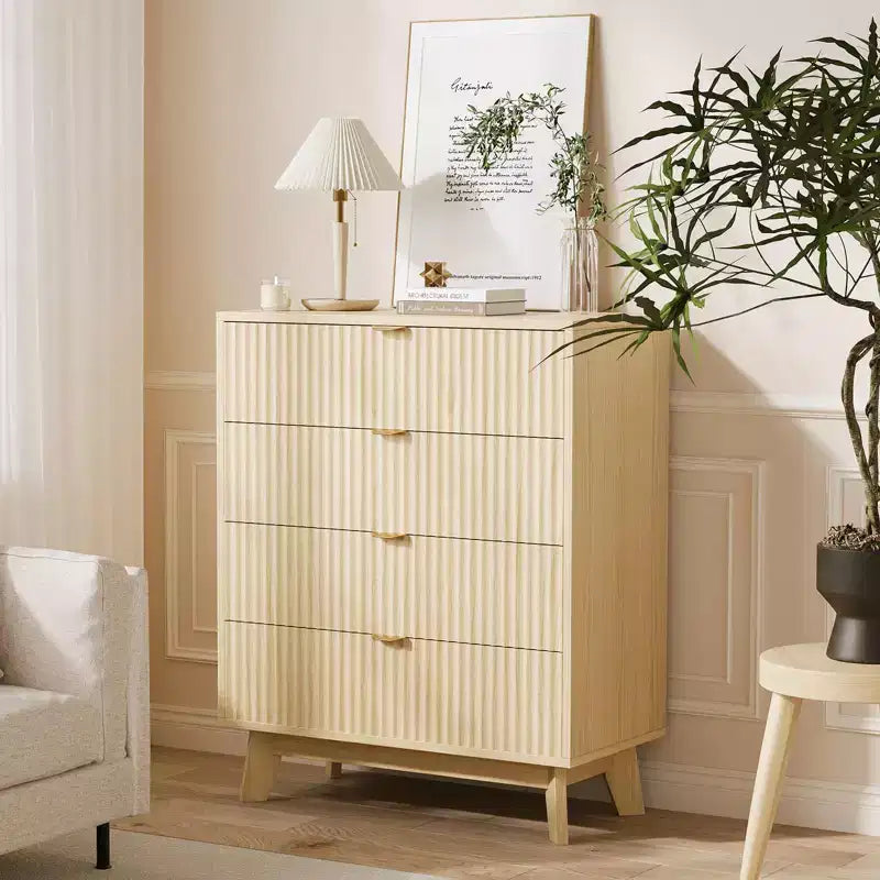 4 Drawer Dressers 2 Pcs, Fluted Closet Dressers Chest of Drawers, Wood Storage Dresser Chest of Drawers for Bedroom Living Room Hallway, Natural