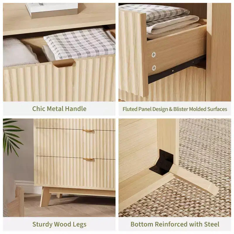 4 Drawer Dressers 2 Pcs, Fluted Closet Dressers Chest of Drawers, Wood Storage Dresser Chest of Drawers for Bedroom Living Room Hallway, Natural