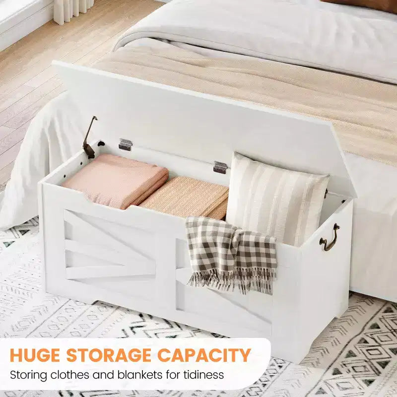 Versatile Wooden Storage Bench with Safety Hinge Lid - Farmhouse Style Chest and Toy Organizer for Entryway, Living Room, Bedroom