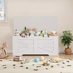 Versatile Wooden Storage Bench with Safety Hinge Lid - Farmhouse Style Chest and Toy Organizer for Entryway, Living Room, Bedroom