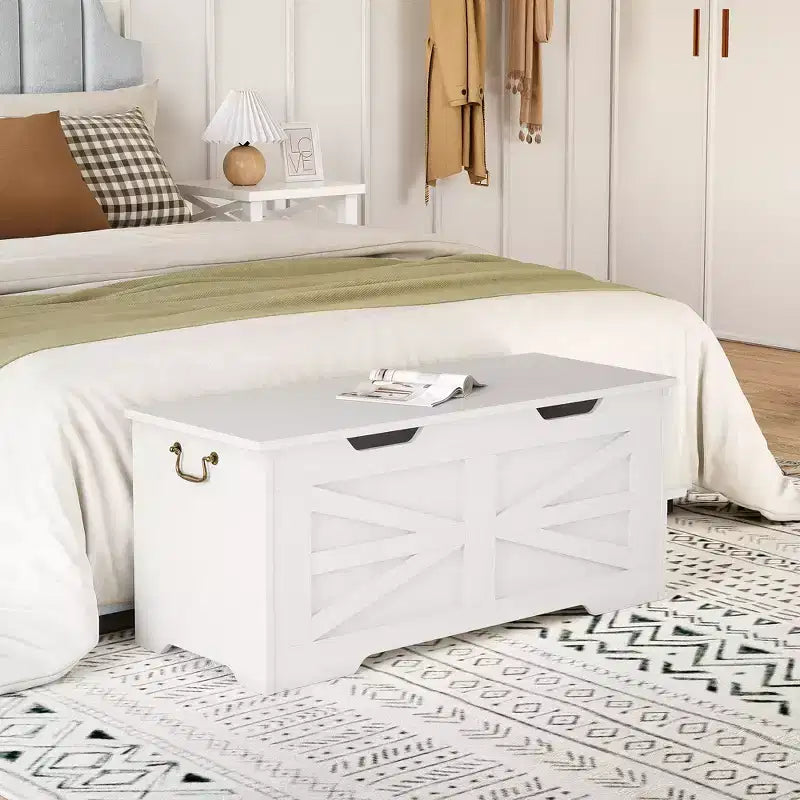 Versatile Wooden Storage Bench with Safety Hinge Lid - Farmhouse Style Chest and Toy Organizer for Entryway, Living Room, Bedroom